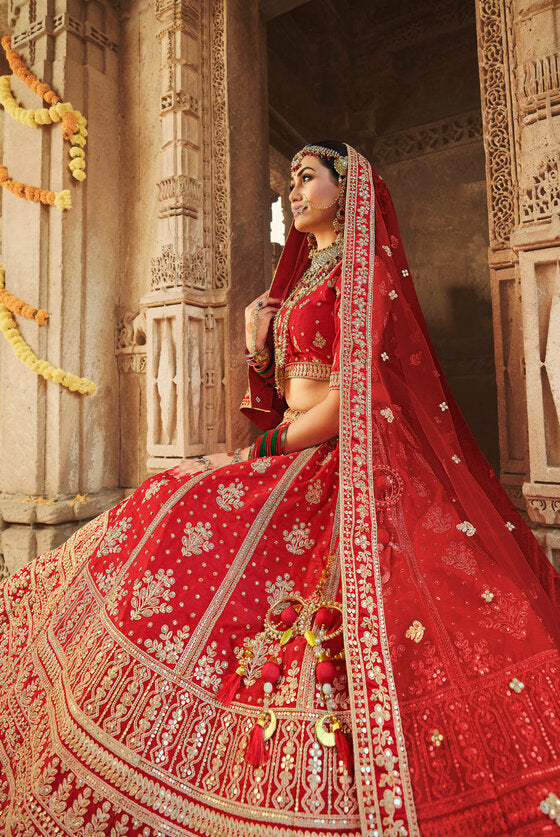 Royal Red Heavy Embroidered Bridal Lehenga – MOR ETHNICS
