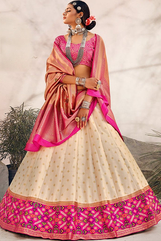 Half White Patola Lehenga Choli With Blouse Dupatta MOR ETHNICS