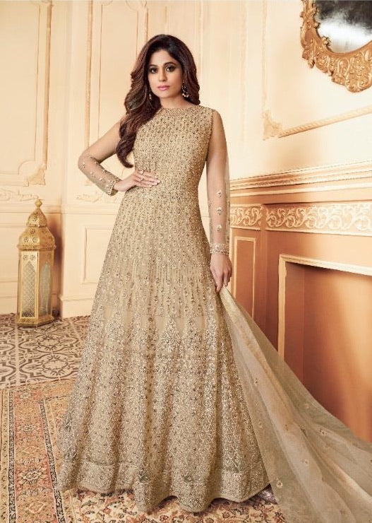 Readymade Golden Long Dress – MOR ETHNICS - Main Image