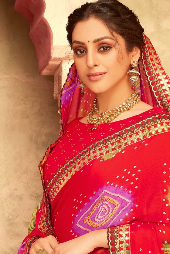 Chiffon Bandhani Saree with Gharcola pattern and Zari Gold Border main image 0