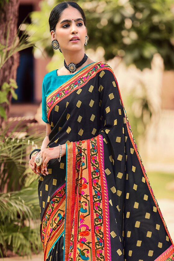 Black Color Saree with Art Silk Paithni Print border and Blouse piece