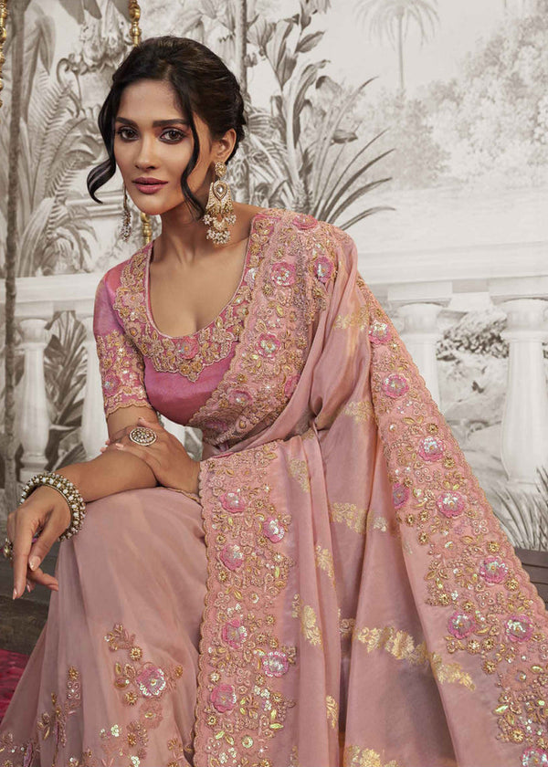 Pink Peach Tissue Designer Saree with Embroidered Blouse