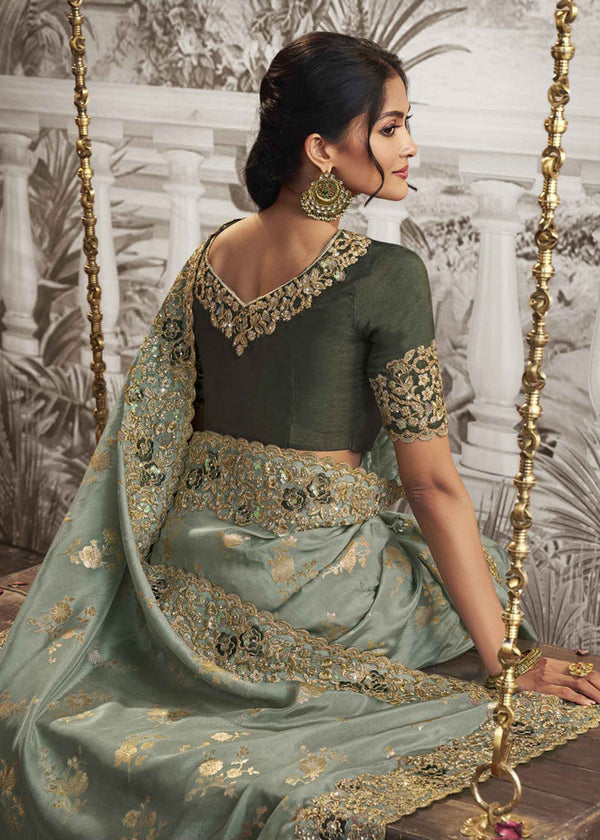 Metallic Green Tissue Designer Saree with Embroidered Blouse