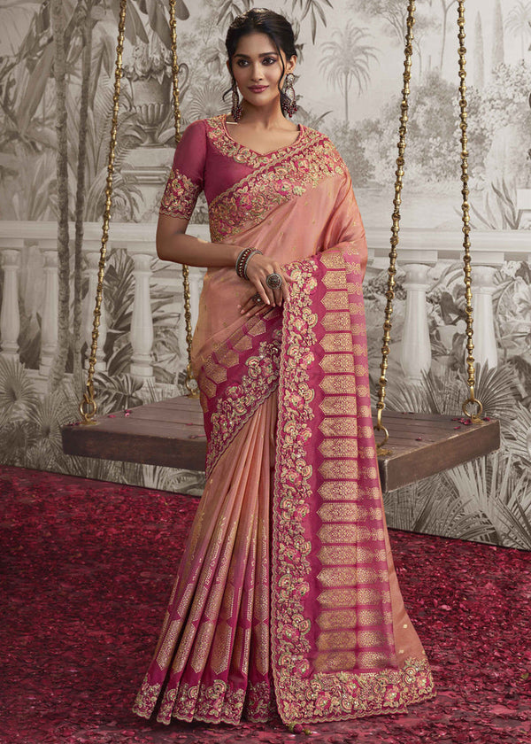 Shades of Pink Tissue Designer Saree with Embroidered Blouse