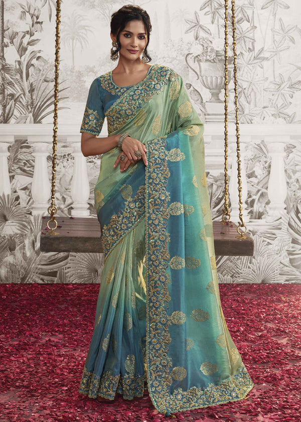 Shaded Blue Tissue Designer Saree with Embroidered Blouse