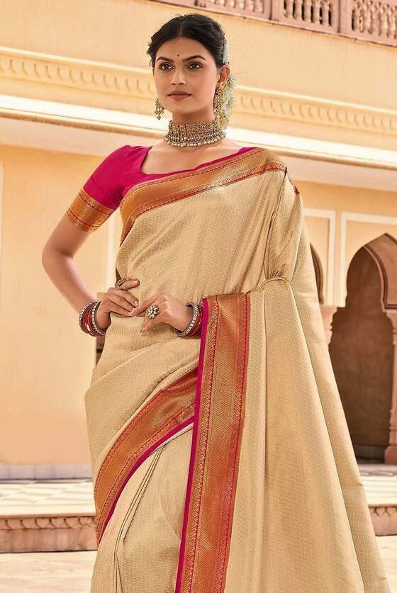 Leamington Cream Woven Kanjivaram Silk Saree