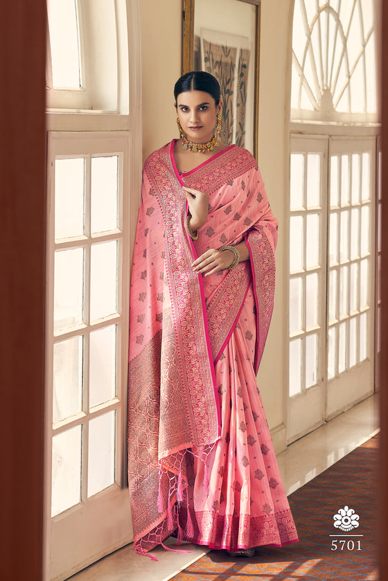 Peach Pink Woven Banarasi Tussar Silk Saree