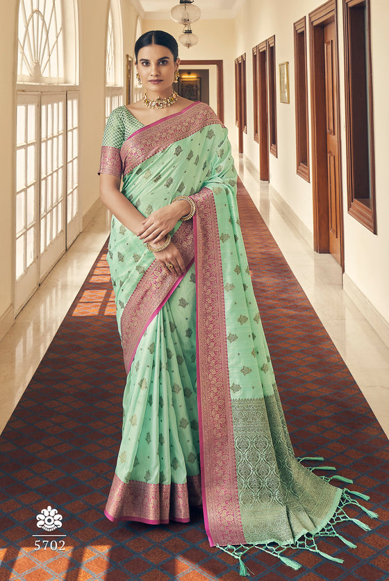 Pistachio Green Woven Banarasi Tussar  Silk Saree