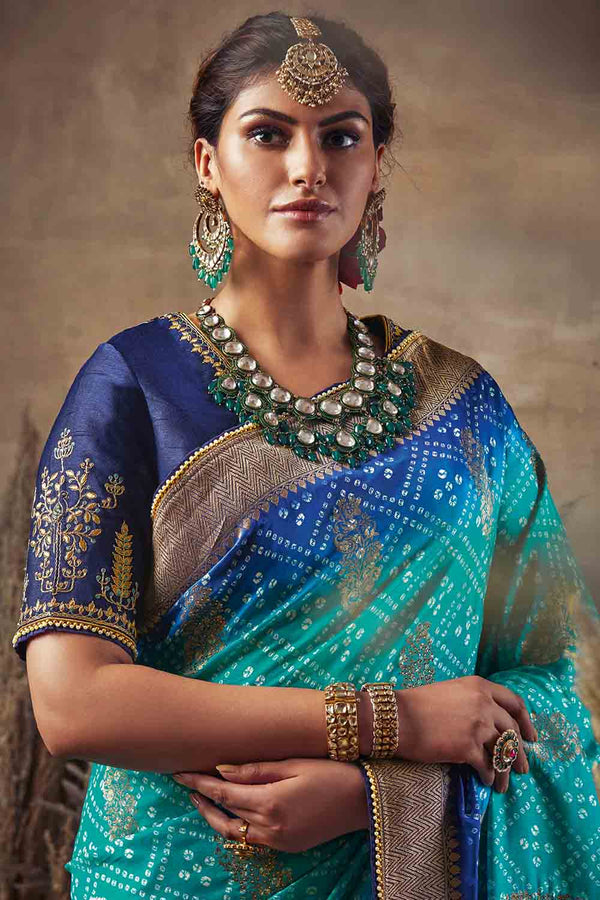 Teal Blue Bandhani Saree With Embroidered Border & Blouse