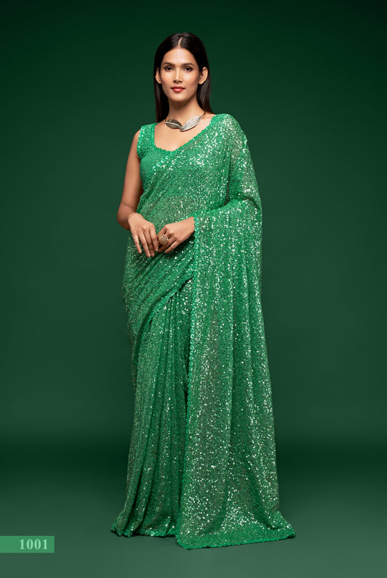 Jade Green Designer Sequins Georgette Saree