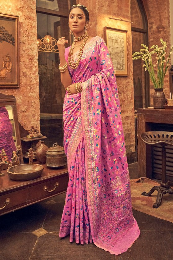 Royal Pink Banarsi Woven Kasmiri Jamewar Saree