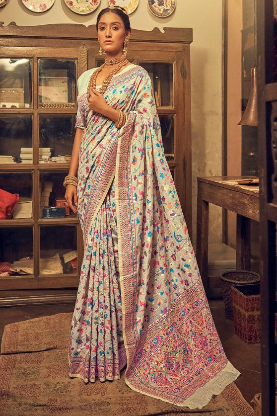 Floral Off White Banarsi Woven Kashmiri Jamewar Saree