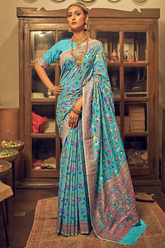 Amber Blue Banarsi Woven Kashmiri Jamewar Saree