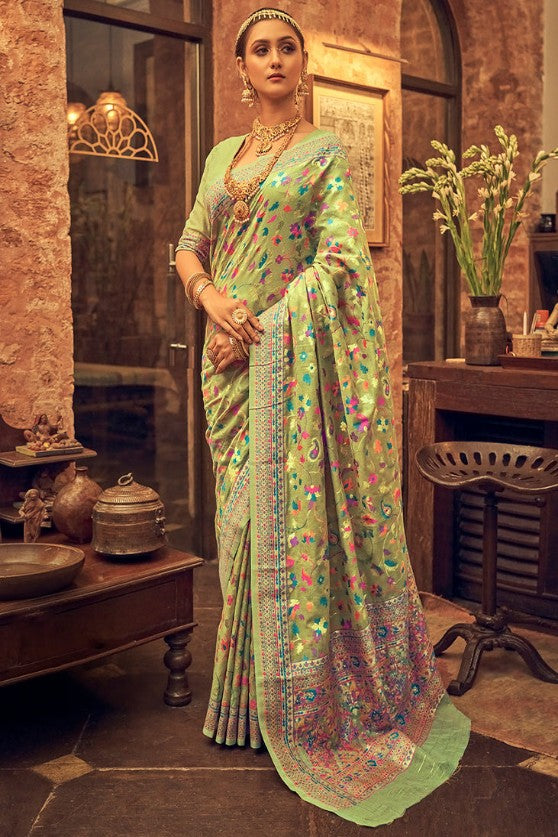 Garnet Green Banarsi Woven Kashmiri Jamewar Saree