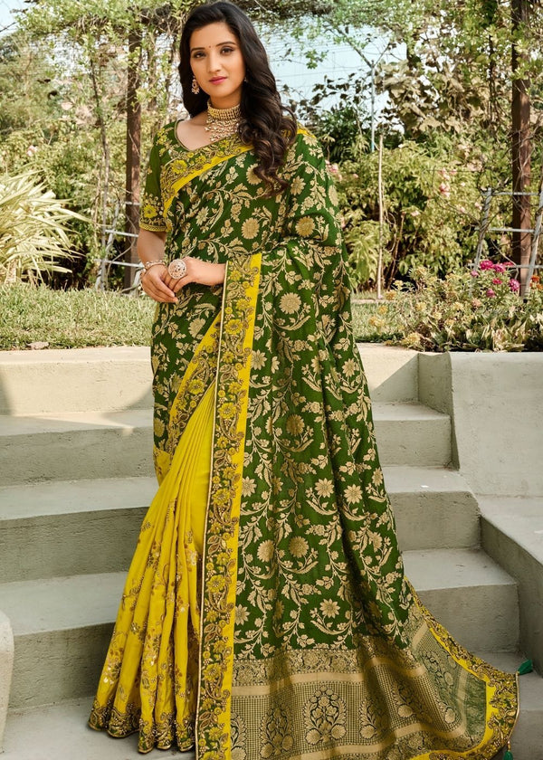 Yellow And Green Half N Half Silk Saree With Embroidered Work