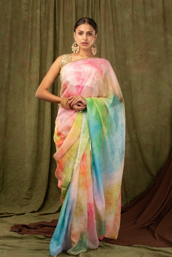 Multi-Coloured Designer Organza Saree