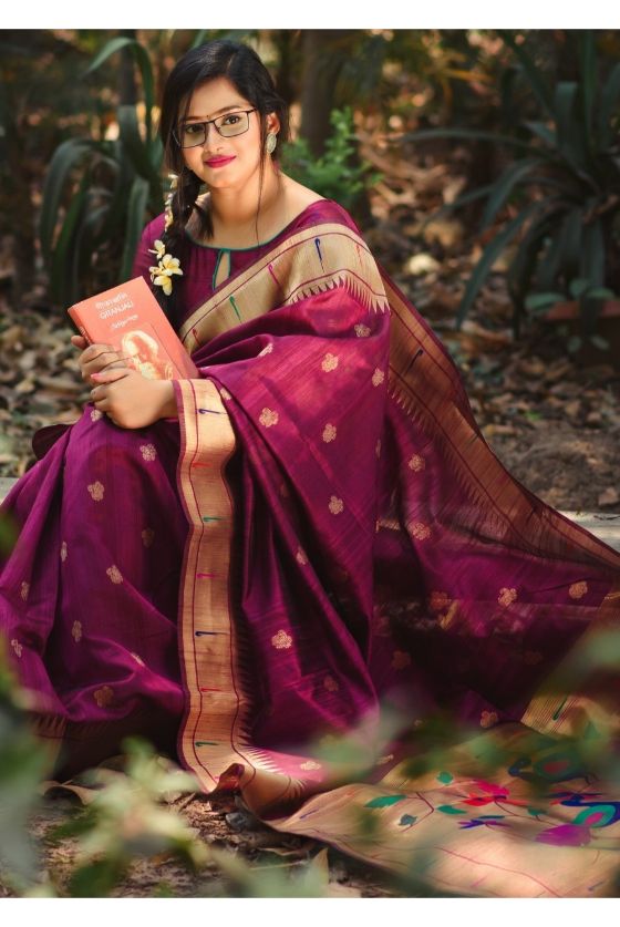 Jam Purple Paithani Tussar Silk Saree