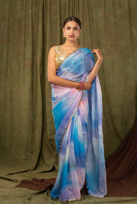 Multi-Coloured Designer Organza Saree