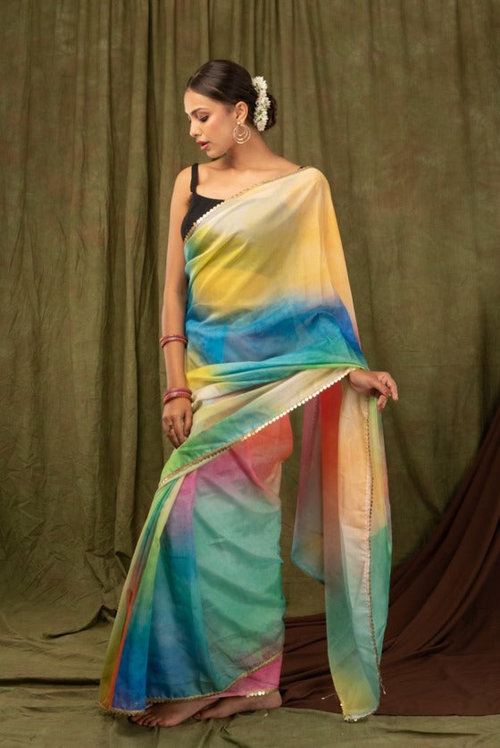 Multi-Coloured Designer Organza Saree