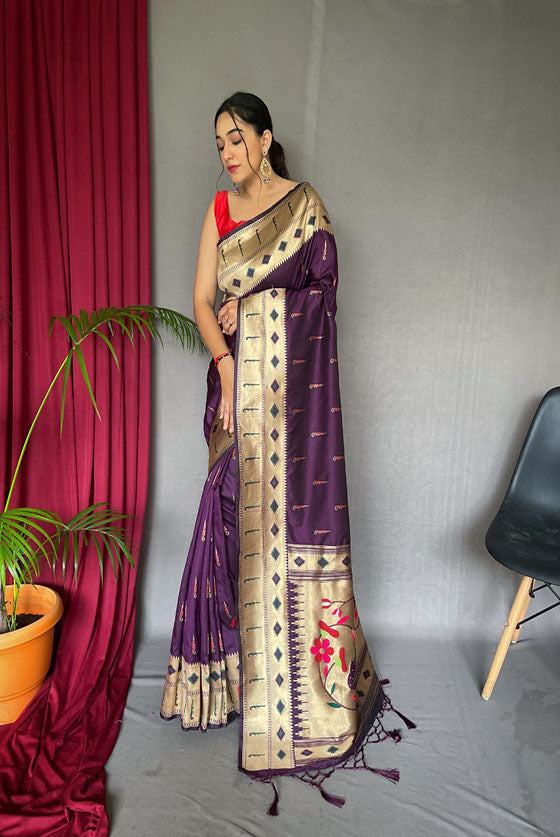 Purple Muniya Border Soft Woven Paithani Silk Saree