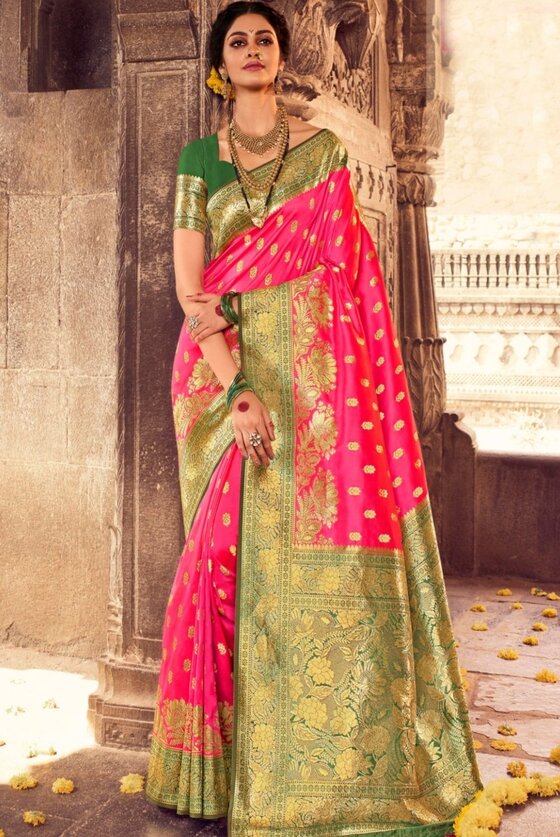 Magenta Pink Woven Banarasi Silk Saree