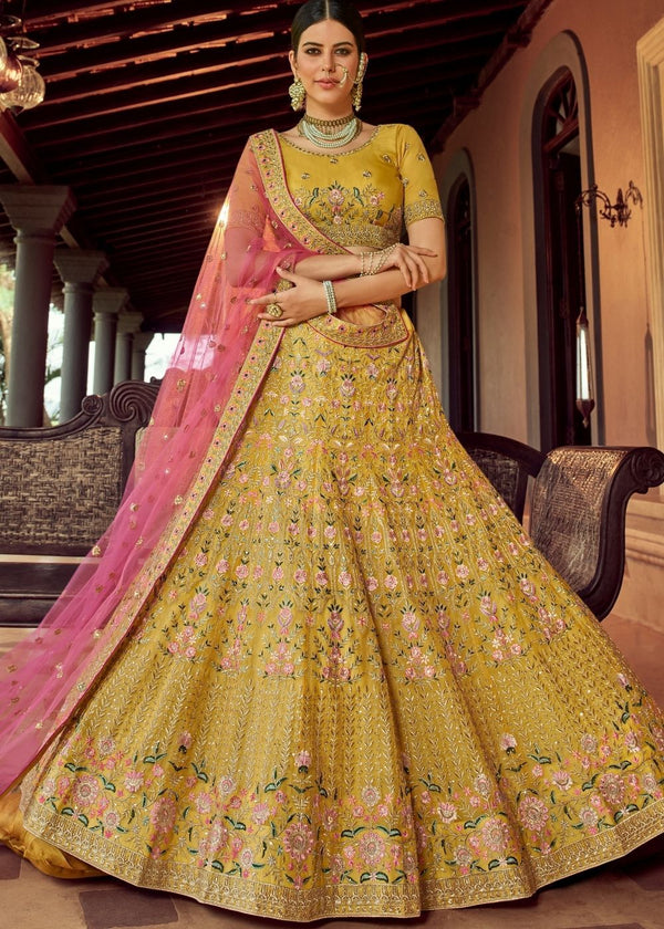 Canary Yellow Organza Lehenga With Resham & Zari Work .