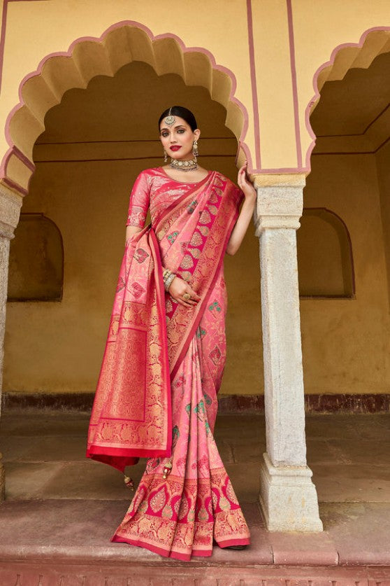 Deep Pink Kanjivaram Tissue Silk saree With Designer Blouse