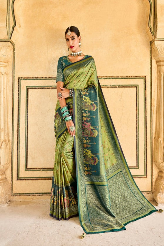 Olive Green Kanjivaram Tissue Silk Saree With Designer Blouse