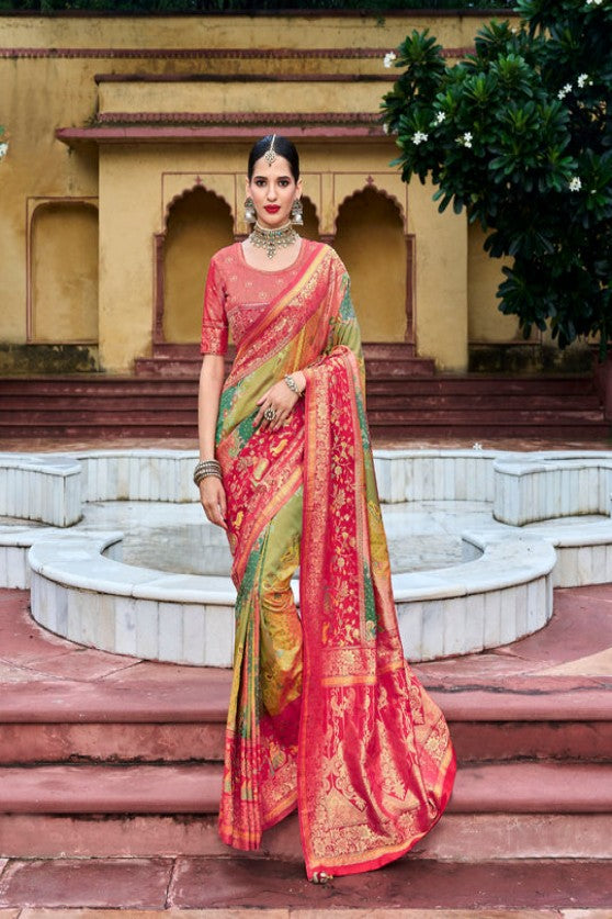 Multi Color Kanjivaram tissue Tissue Silk Saree With Designer Blouse