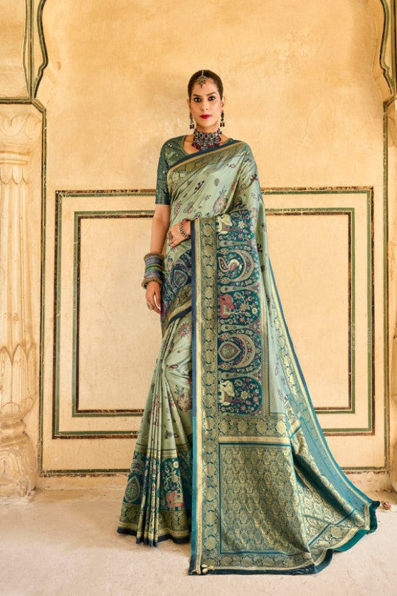 Pale Green Kanjivaram Tissue Silk Saree With Designer Blouse