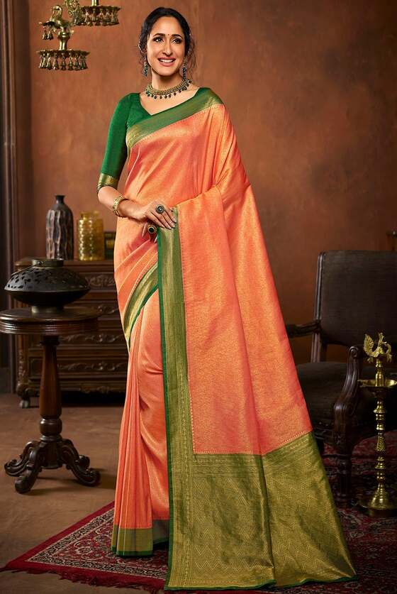 Cantaloupe Orange Woven Kanjivaram Silk Saree With Contrast Pallu & Blouse