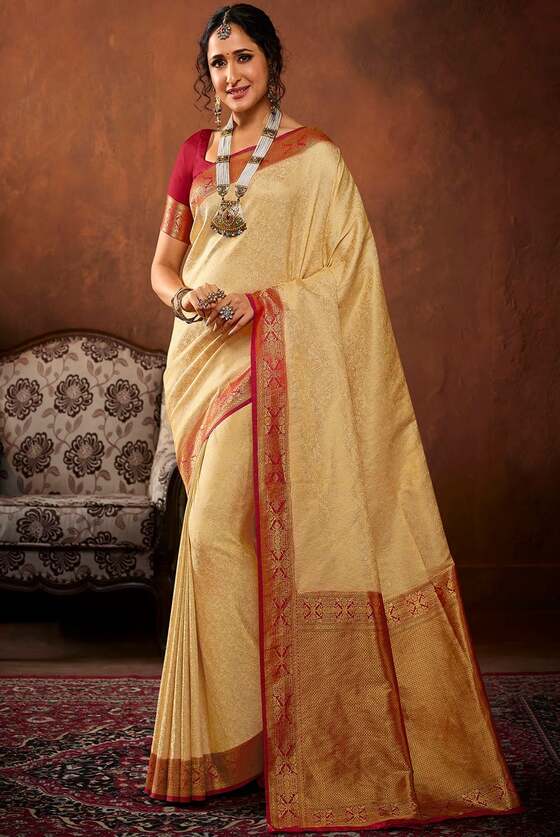 White Beige Brown Woven Kanjivaram Silk Saree With Contrast Pallu & Blouse