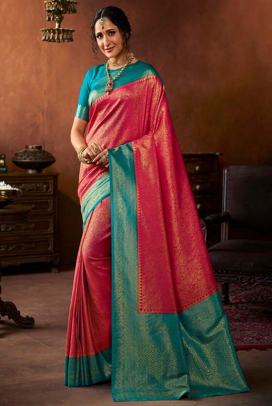 Cerise Pink Woven Kanjivaram Silk Saree With Contrast Pallu & Blouse