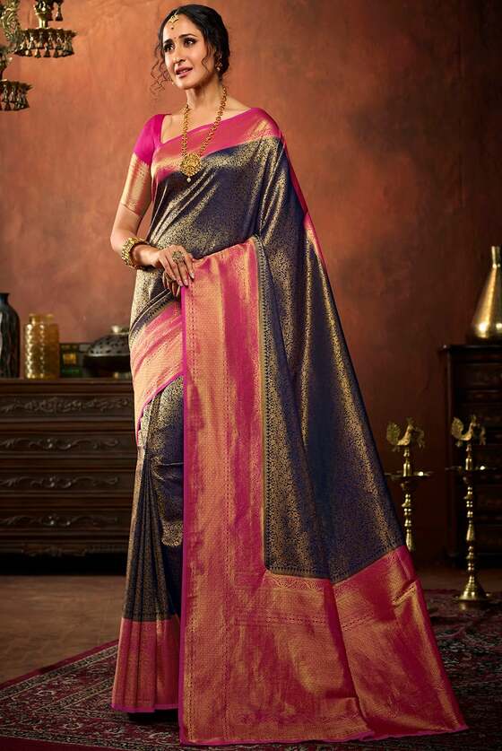 Denim Blue Woven Kanjivaram Silk Saree With Contrast Pallu & Blouse