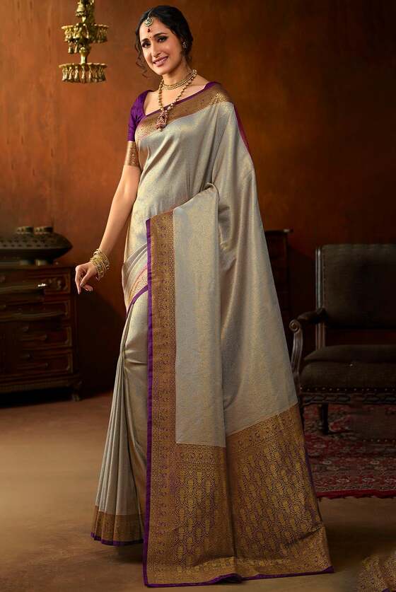 Silver Grey Woven Kanjivaram Silk Saree With Contrast Pallu & Blouse