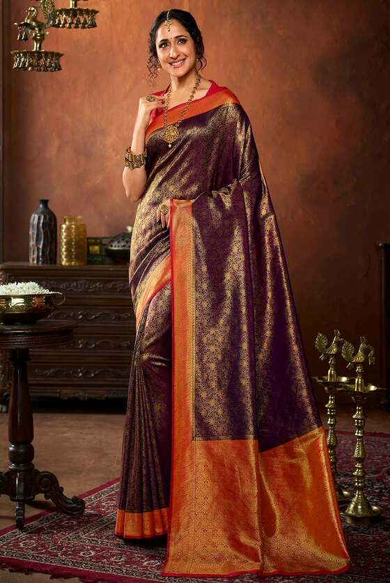 Sangria Purple Woven Kanjivaram Silk Saree With Contrast Pallu & Blouse