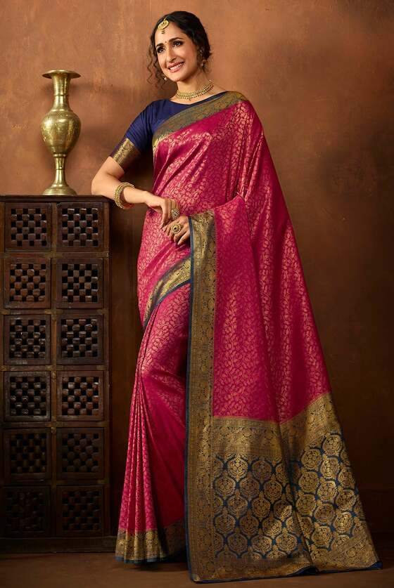 Ruby Pink Woven Kanjivaram Silk Saree With Contrast Pallu & Blouse