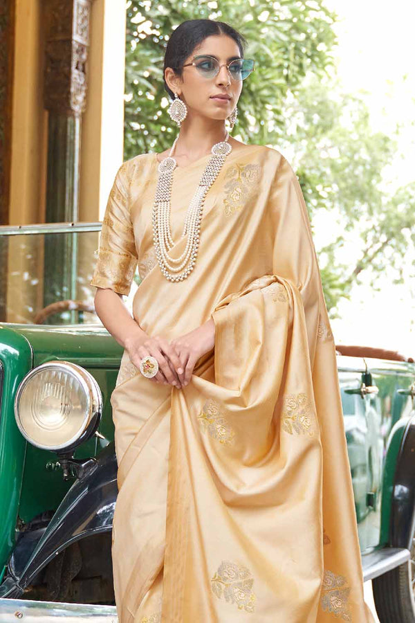 Golden Colour Zari Butta Banarasi Chanderi Saree