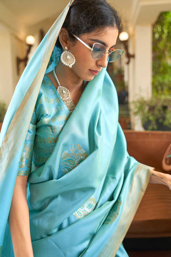 Baby Blue Zari Butta Banarasi Chanderi Saree