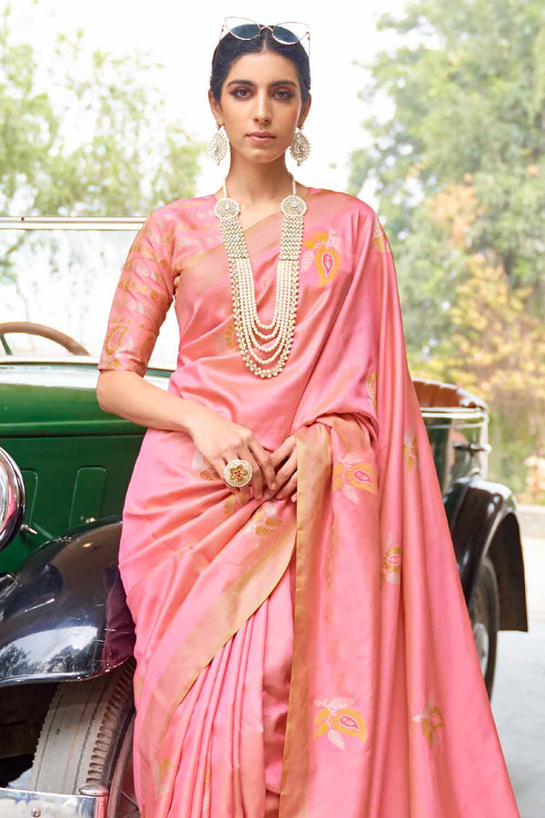 Rose Pink Zari Butta Banarasi Chanderi Saree