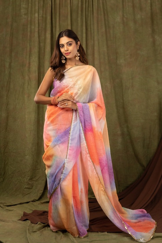 Multi-Coloured Designer Organza Saree