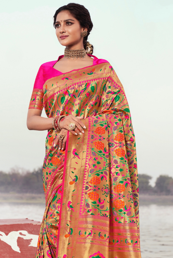 Hot Pink & Golden Zari Woven Banarasi Weaved Paithani Silk Saree