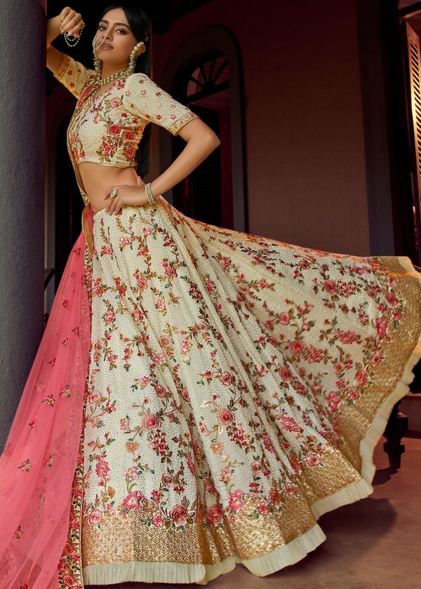 Off White Georgette Lehenga Choli With Sequins , Swarovski & Resham Work