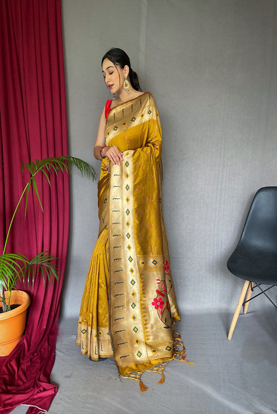 Turmaric Yellow Muniya Border Soft Woven Paithani SIlk Saree