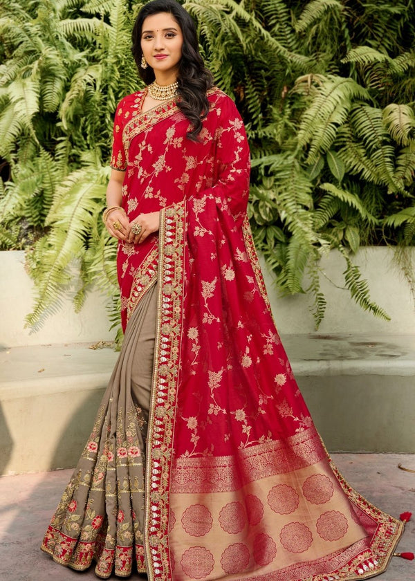 Brown And Red Half N Half Silk Saree With Embroidered Work