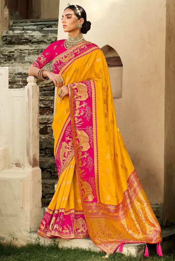 Yellow Designer Banarasi Saree With Embroidered Blouse