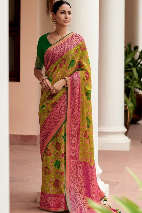 Cyan Green Printed Patola Silk Saree With Embroidered Blouse