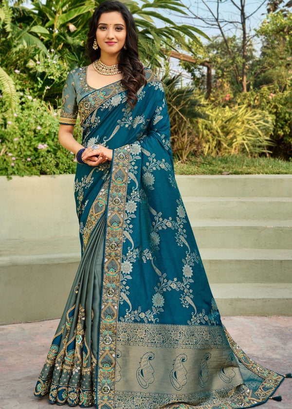 Blue and Grey Half N Half Saree With Embroidered Work