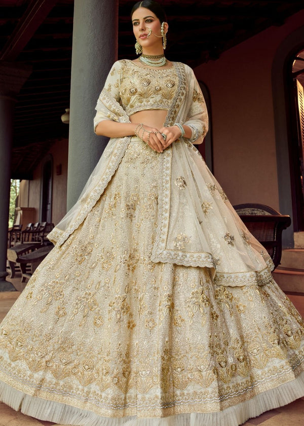 Parchment White Georgette Lehenga Choli With Zari , Resham & Sequins Work