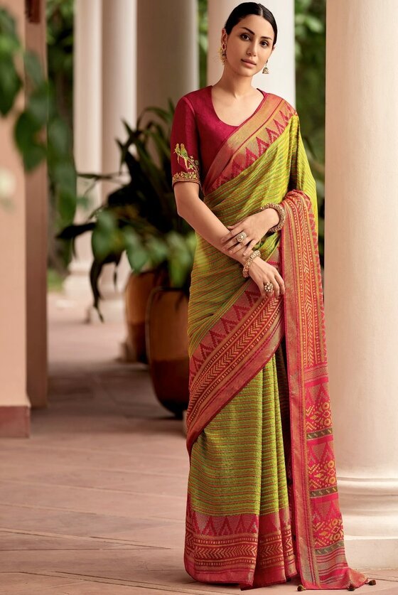 Green Printed Patola Silk Saree With Embroidered Blouse